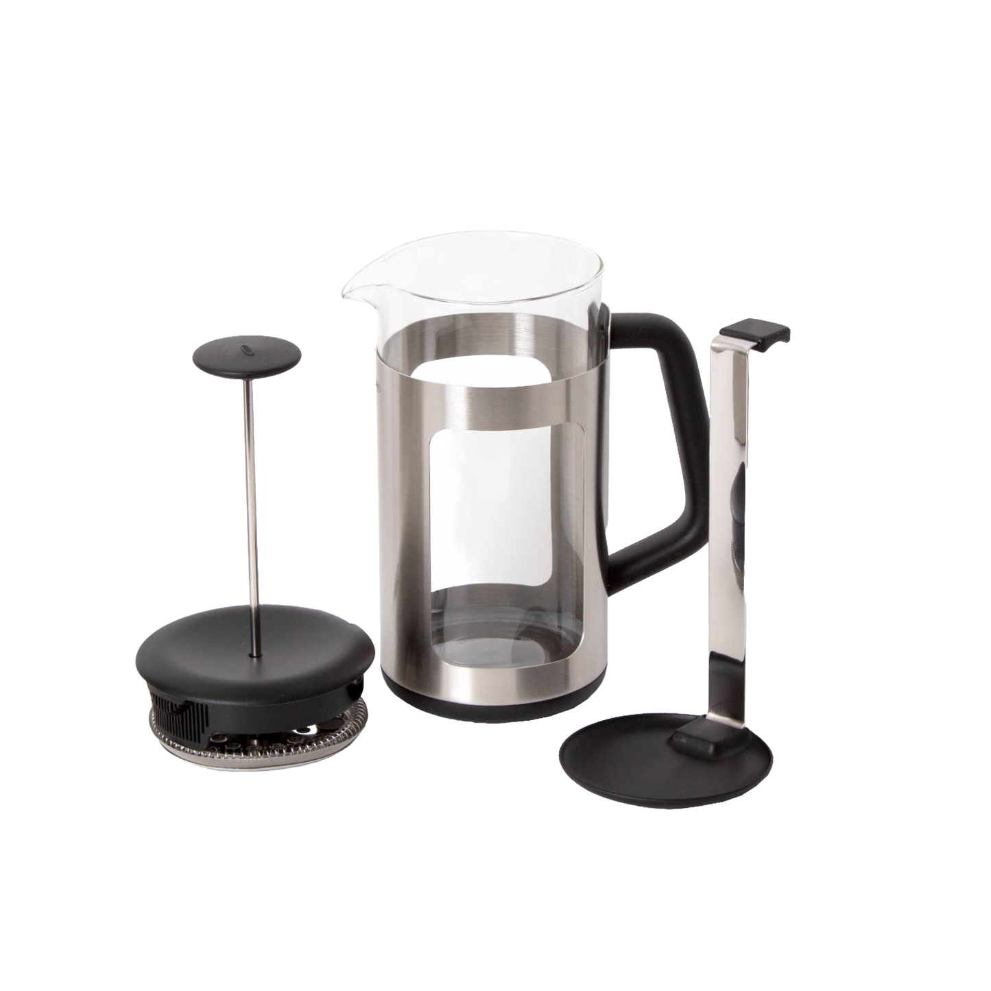 French press coffee maker with stainless steel frame, clear glass carafe, black handle, and GroundsLifter plunger, ideal for Kitchen & Food, Brewing Coffee and Tea, Best Sellers, and Promo Eligible collections.