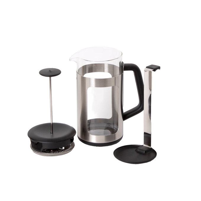 French press coffee maker with stainless steel frame, clear glass carafe, black handle, and GroundsLifter plunger, ideal for Kitchen & Food, Brewing Coffee and Tea, Best Sellers, and Promo Eligible collections.