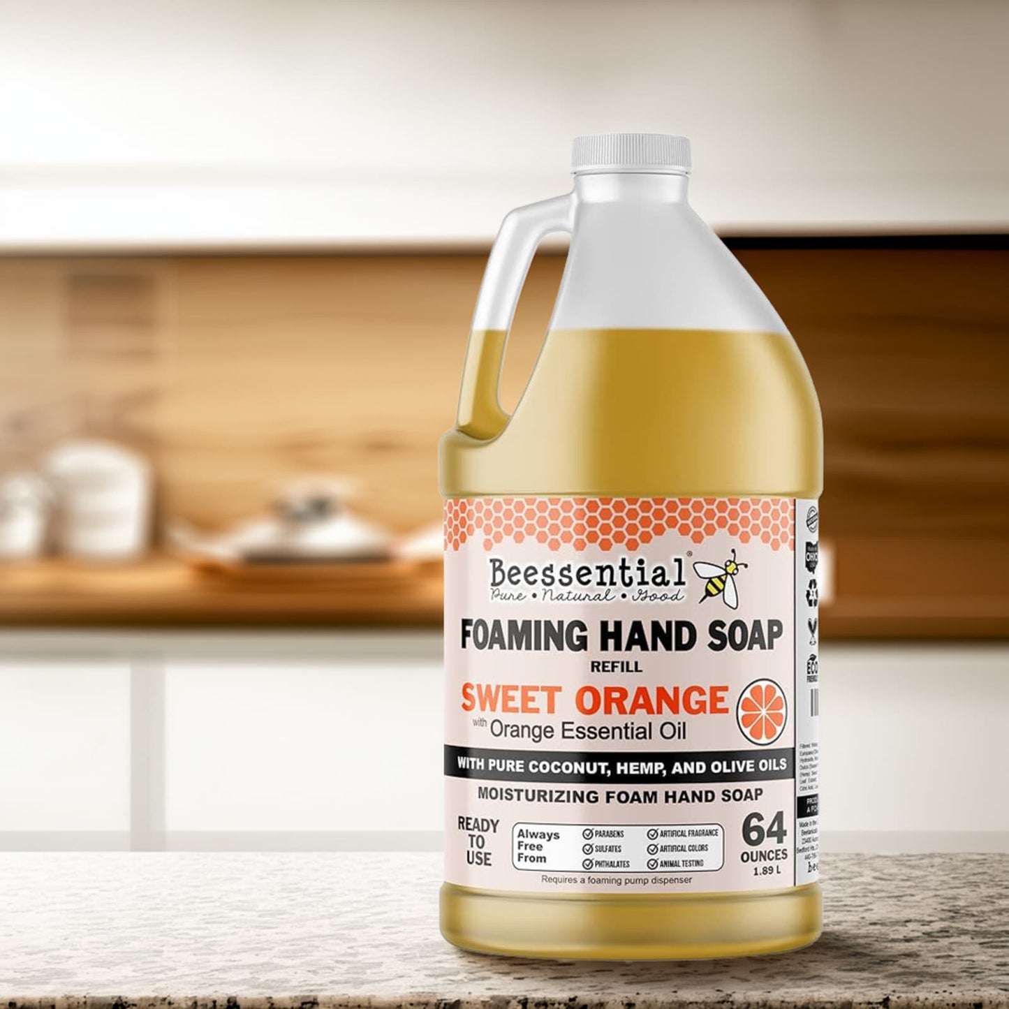 Large 64-ounce handcrafted foaming hand soap refill infused with sweet orange essential oil, made with coconut, hemp, and olive oils, featured in Health & Wellness, Grooming and Personal Hygiene, Soaps and USA Made collections.
