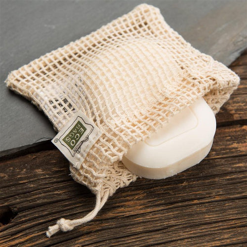 Handcrafted 100% natural cotton soap saver bag with soft woven texture and open mesh side, designed for use in Health & Wellness, Soaps and Soapmaking, and Best Sellers collections.