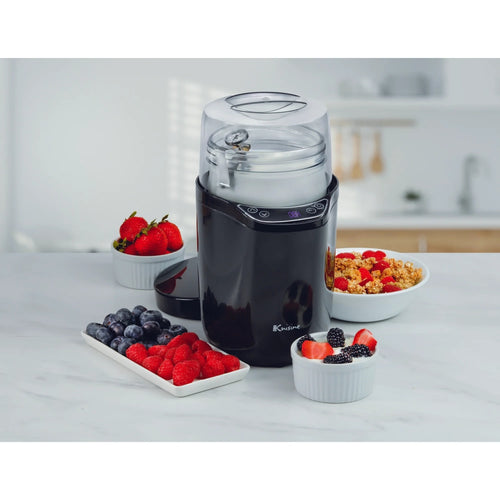 Compact electric yogurt and Greek yogurt maker with digital controls, shown with fresh berries and granola, featured in Kitchen & Food, Specialty Equipment, and DIY Cheese and Yogurt collections.