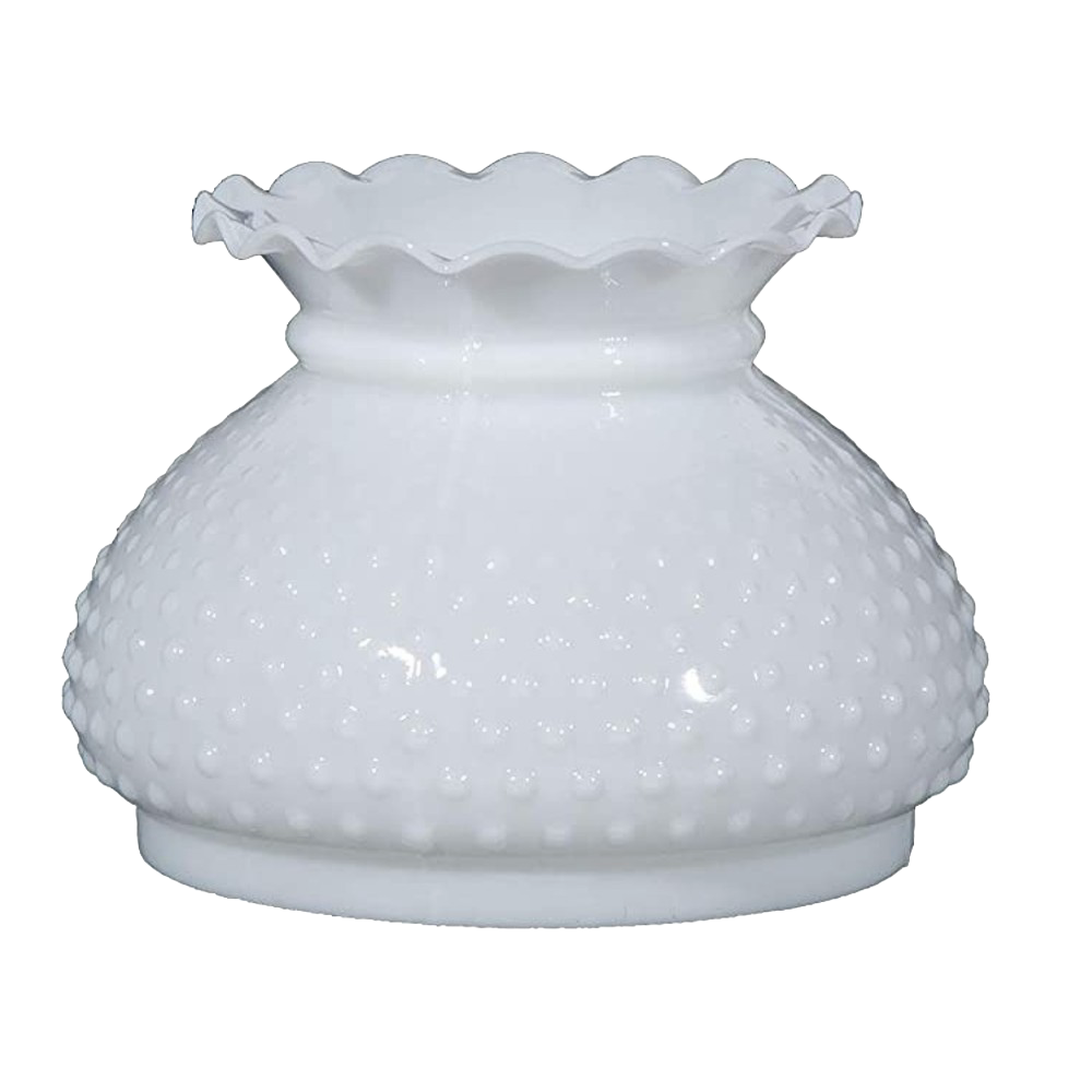 Handmade opal glass oil lamp shade featuring a hobnail texture and decorative scalloped edge, suitable for lamps & lighting, parts and accessories, lamp shades, best sellers, and promo eligible collections.