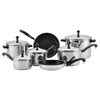 15-piece classic stainless steel cookware set with full-cap bases and black handles, including covered saucepans, stockpot, and frying pans, featured in Kitchen & Food collections.