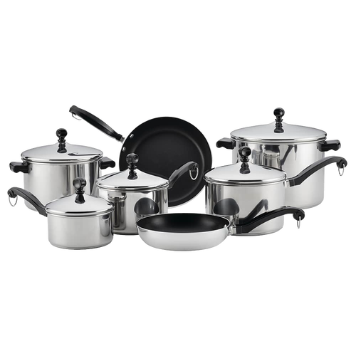 15-piece classic stainless steel cookware set with full-cap bases and black handles, including covered saucepans, stockpot, and frying pans, featured in Kitchen & Food collections.