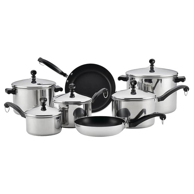 15-piece classic stainless steel cookware set with full-cap bases and black handles, including covered saucepans, stockpot, and frying pans, featured in Kitchen & Food collections.