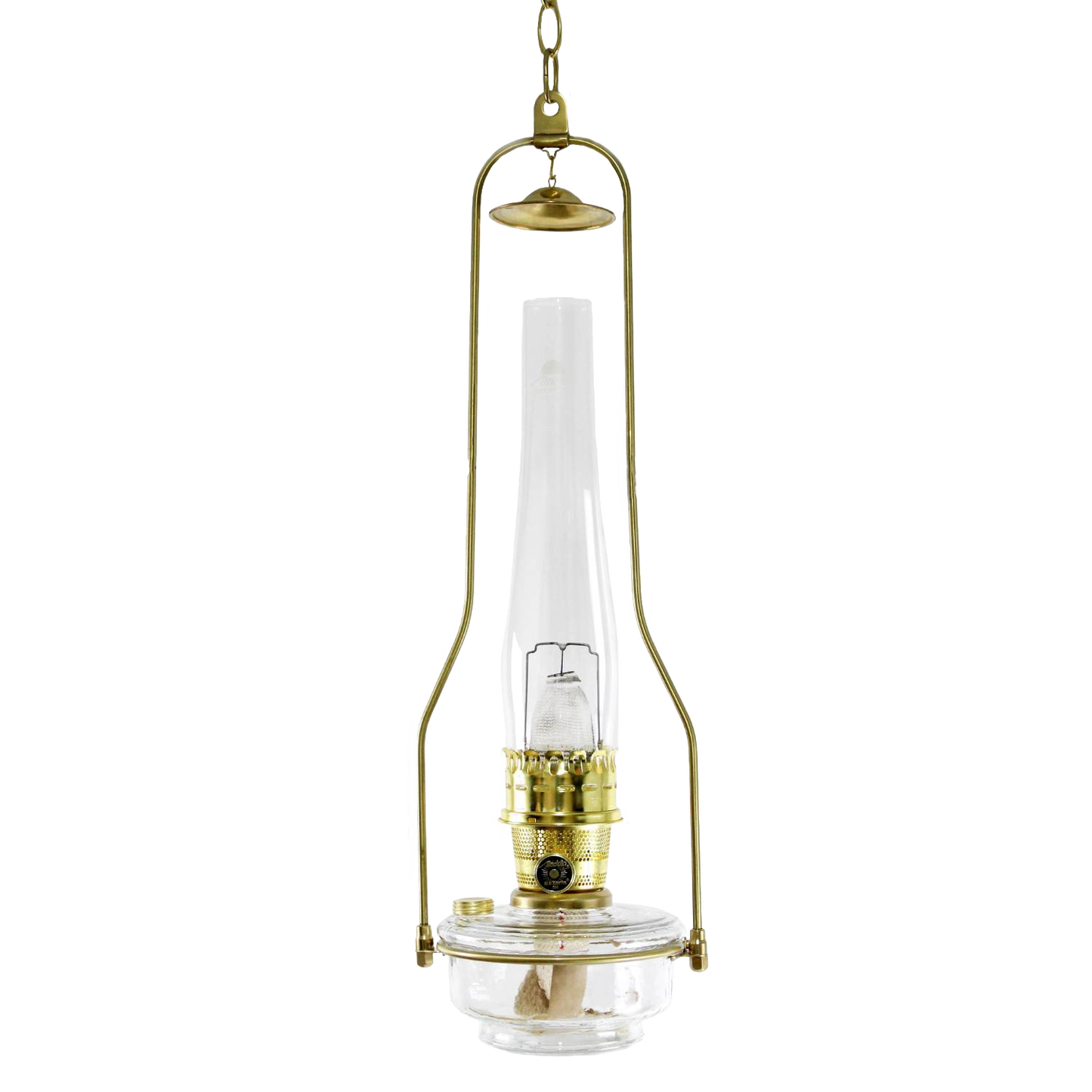 Clear glass hanging lamp with brass tilt-frame hanger, featuring an elegant vintage design, ideal for Farm, Garden & Tool, Lamps & Lighting, and Hanging Lamps collections.