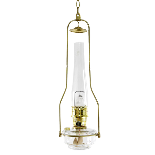 Clear glass hanging lamp with brass tilt-frame hanger, featuring an elegant vintage design, ideal for Farm, Garden & Tool, Lamps & Lighting, and Hanging Lamps collections.