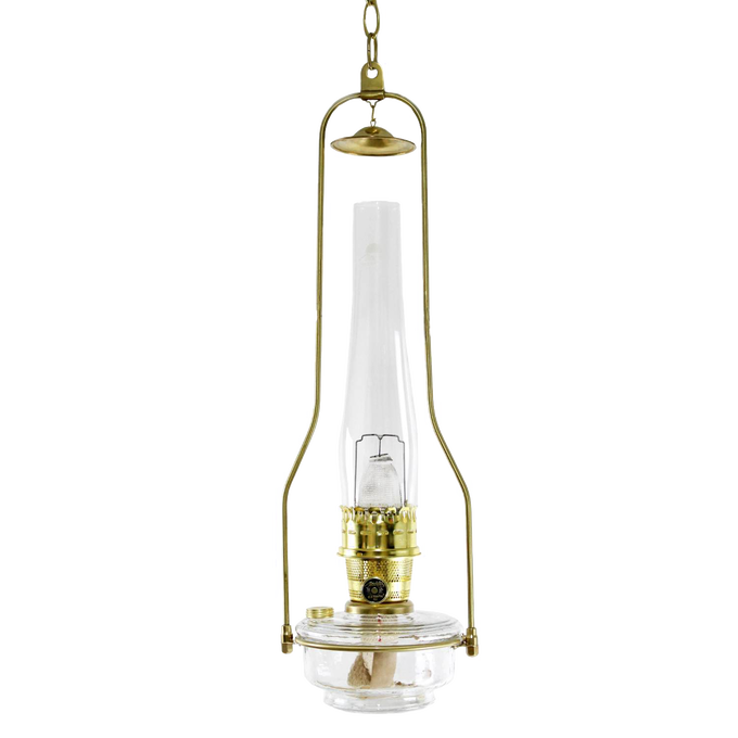 Clear glass hanging lamp with brass tilt-frame hanger, featuring an elegant vintage design, ideal for Farm, Garden & Tool, Lamps & Lighting, and Hanging Lamps collections.