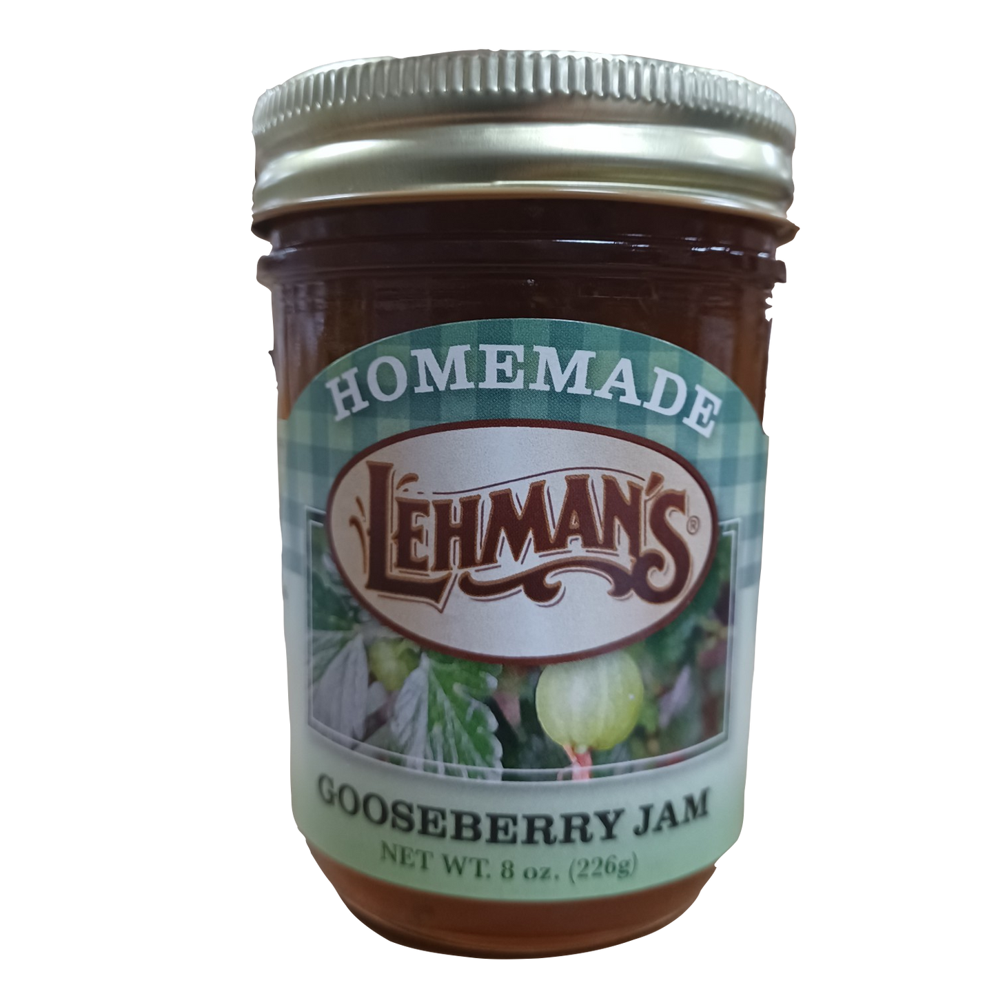 Glass jar of handcrafted Lehman's gooseberry jam made with all-natural ingredients, Amish made in USA, perfect for Kitchen & Food, Pantry, Peanut Butter & Jellies, and Best Sellers collections.