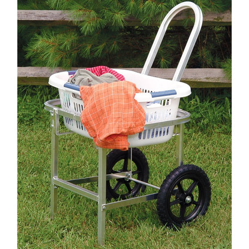 Lightweight laundry cart with large solid rubber tires and metal frame holding a plastic basket filled with clothes, designed for Home & Decor, Laundry Supplies, and Washers and Wash Day Accessories collections.