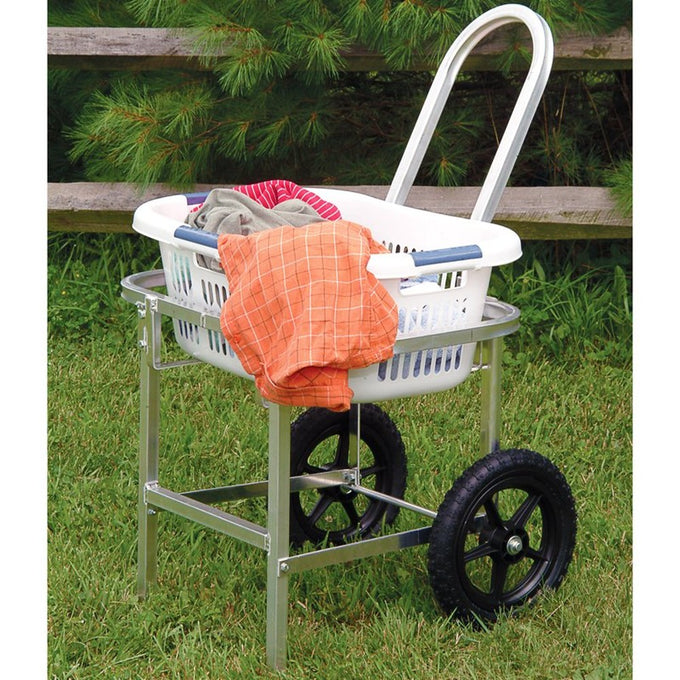 Lightweight laundry cart with large solid rubber tires and metal frame holding a plastic basket filled with clothes, designed for Home & Decor, Laundry Supplies, and Washers and Wash Day Accessories collections.