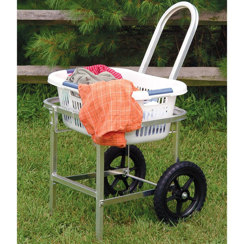 Lightweight laundry cart with large solid rubber tires and metal frame holding a plastic basket filled with clothes, designed for Home & Decor, Laundry Supplies, and Washers and Wash Day Accessories collections.