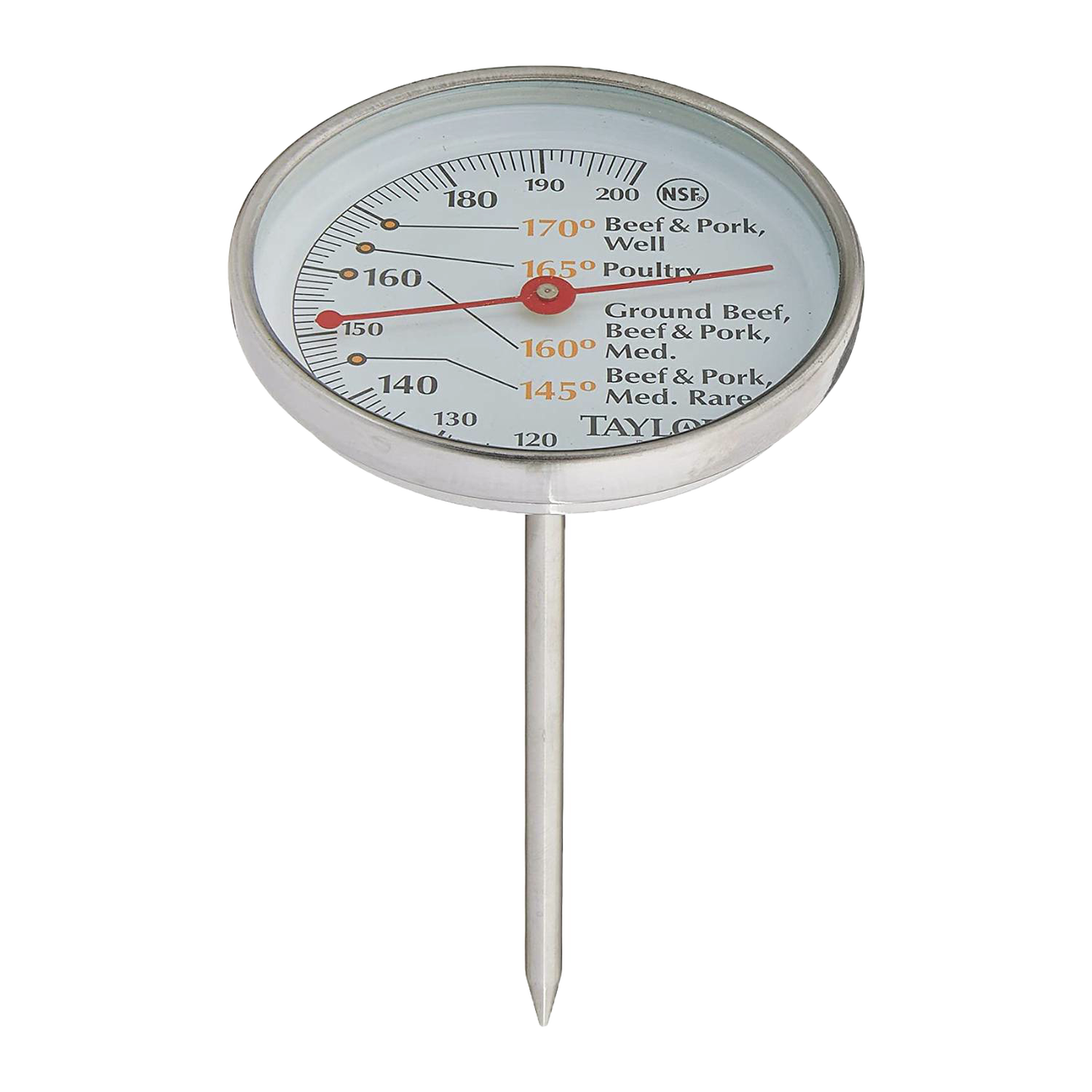 Round stainless steel meat thermometer with large easy-to-read dial showing recommended cooking temperatures for beef, pork, and poultry, featured in Kitchen & Food and Best Sellers collections.