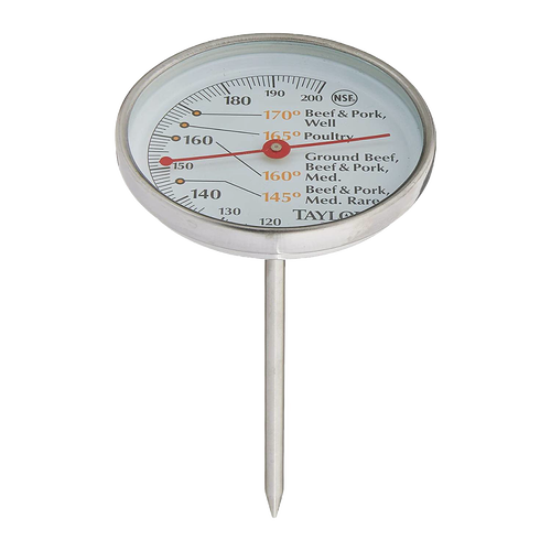 Round stainless steel meat thermometer with large easy-to-read dial showing recommended cooking temperatures for beef, pork, and poultry, featured in Kitchen & Food and Best Sellers collections.