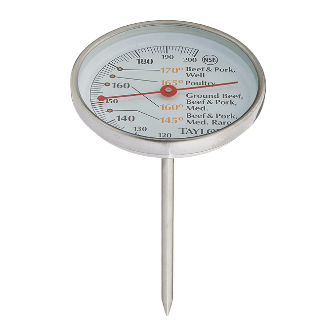 Round stainless steel meat thermometer with large easy-to-read dial showing recommended cooking temperatures for beef, pork, and poultry, featured in Kitchen & Food and Best Sellers collections.
