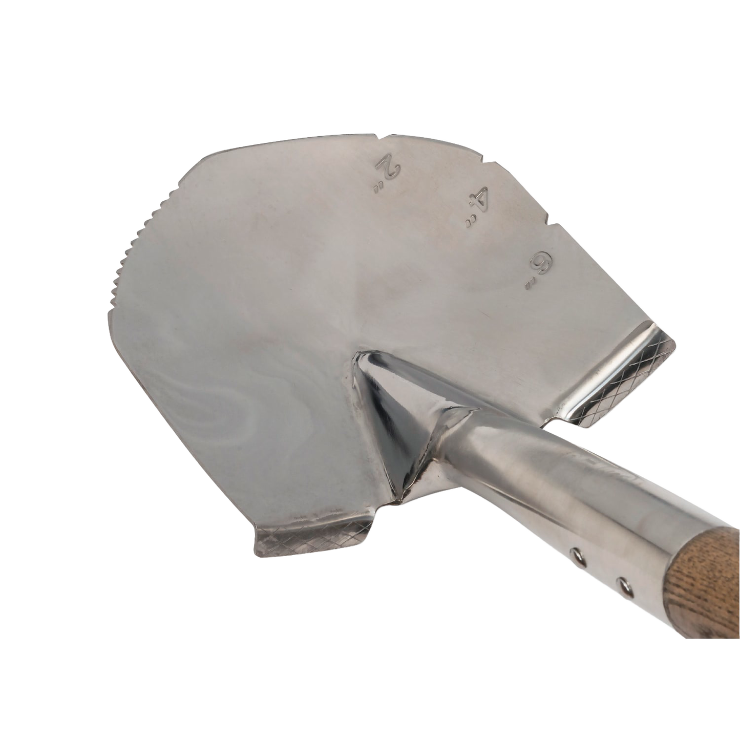 Stainless steel planting spade with a pointed blade featuring etched depth markings and a durable double-riveted socket, ideal for garden beds in Farm, Garden & Tool collections.