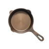 Top view of a handcrafted, lightweight cast iron skillet with smooth cooking surface and dual pour spouts, made in USA, ideal for Kitchen & Food, Camping, Cast Iron, and Farm collections.