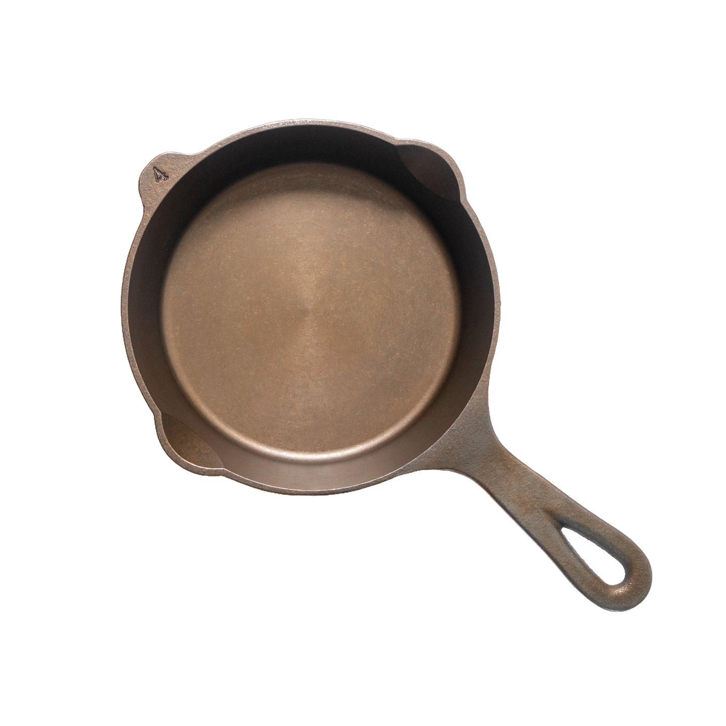 Top view of a handcrafted, lightweight cast iron skillet with smooth cooking surface and dual pour spouts, made in USA, ideal for Kitchen & Food, Camping, Cast Iron, and Farm collections.