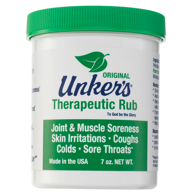 Container of handcrafted therapeutic rub for relieving joint and muscle soreness, skin irritations, coughs, colds, and sore throats, made in USA, featured in Health & Wellness and Best Sellers collections.