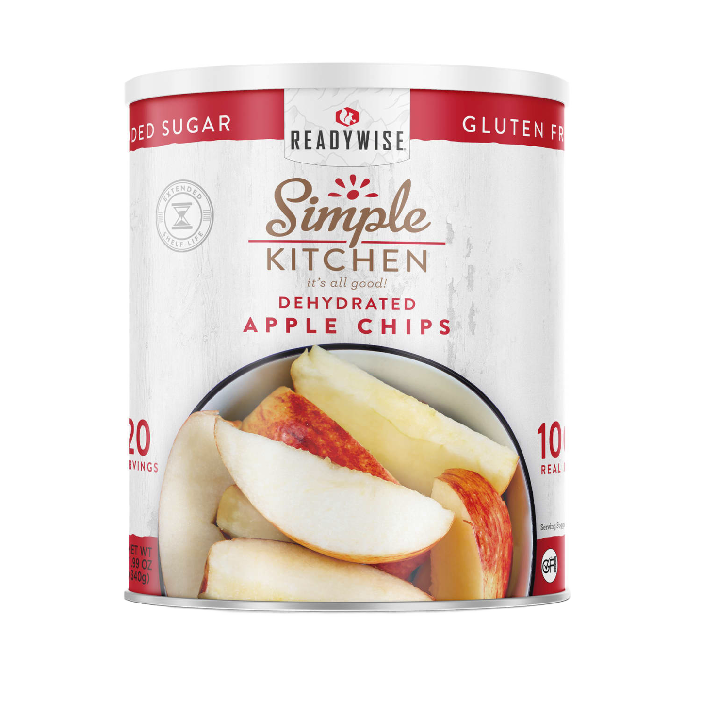 Large can of ReadyWise dehydrated apple chips showing a close-up of crisp, natural apple slices, suitable for emergency supplies, snacks, and USA made collections.