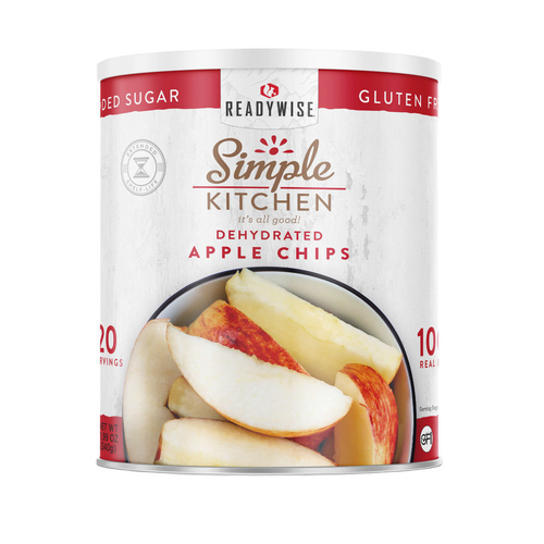 Large can of ReadyWise dehydrated apple chips showing a close-up of crisp, natural apple slices, suitable for emergency supplies, snacks, and USA made collections.