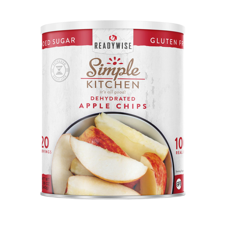 Large can of ReadyWise dehydrated apple chips showing a close-up of crisp, natural apple slices, suitable for emergency supplies, snacks, and USA made collections.