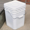 Stack of sturdy white plastic storage buckets with tight-fitting lids and metal handles, designed for food-safe storage and included in USA Made, Kitchen & Food, and Storage and Serving collections.