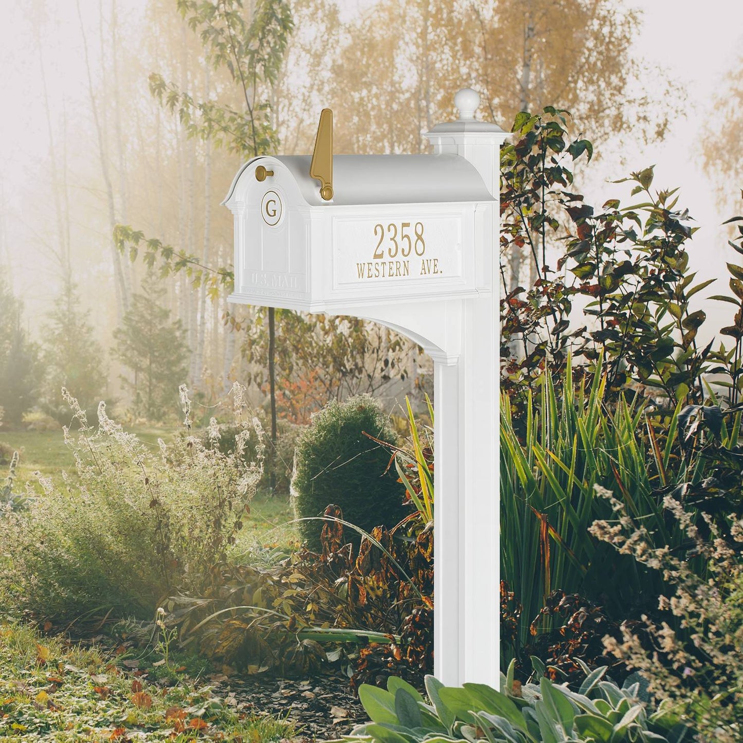 White and gold personalized mailbox with monogram and street address mounted on a classic post, handcrafted in USA, featured in Home & Decor, Household Helpers, Mailboxes and Address Signs, USA Made, and Best Sellers collections.