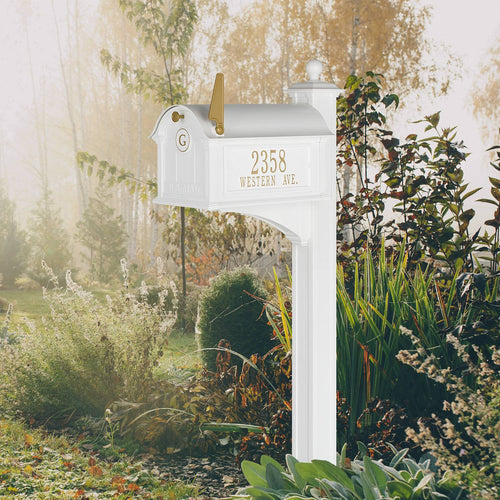 White and gold personalized mailbox with monogram and street address mounted on a classic post, handcrafted in USA, featured in Home & Decor, Household Helpers, Mailboxes and Address Signs, USA Made, and Best Sellers collections.