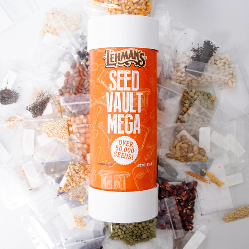 Tall white and orange container labeled for storing a large variety of heirloom seeds, surrounded by small clear plastic packets of assorted seeds, ideal for Farm, Garden & Tool and Seeds and Planting collections.