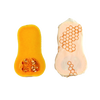 Handmade large muslin food wrap with beeswax coating featuring honeycomb pattern, shown wrapped around a halved butternut squash, ideal for Kitchen & Food and Storage collections.