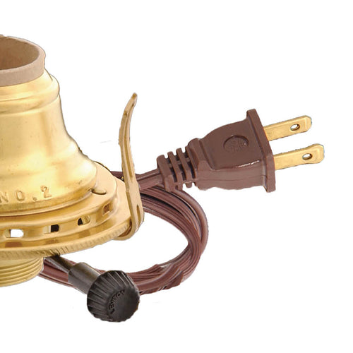 Solid brass electric burner with 1-3/16" threaded base for 3" chimneys, wired with UL listed brown cord and arrow-shaped prongs, featured in Lamps & Lighting, Parts and Accessories, and Electric Conversion collections.