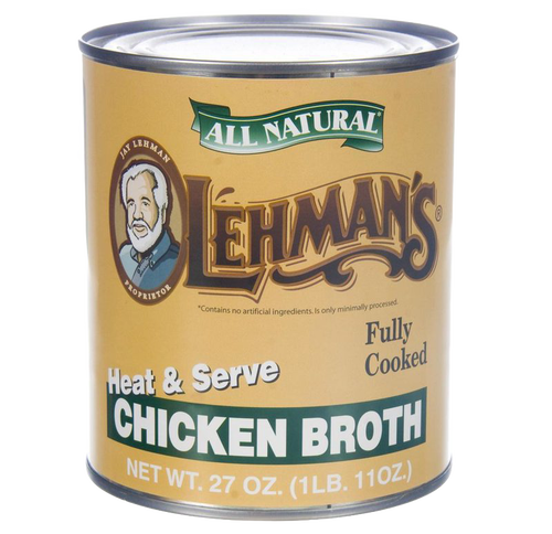 Can of Lehman's all natural, fully cooked chicken broth with heat and serve convenience, ideal for Kitchen & Food, Farm, Emergency Supplies, Best Sellers, and Promo Eligible collections.