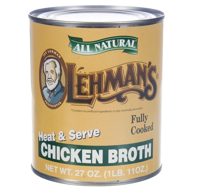 Can of Lehman's all natural, fully cooked chicken broth with heat and serve convenience, ideal for Kitchen & Food, Farm, Emergency Supplies, Best Sellers, and Promo Eligible collections.