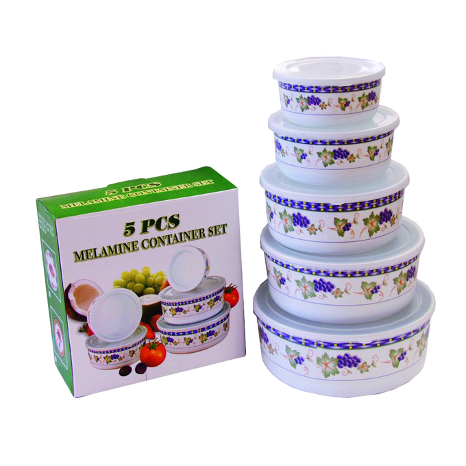 Set of five melamine storage bowls with lids featuring a decorative grape pattern, suitable for Kitchen & Food, Storage and Serving, Best Sellers, and Promo Eligible collections.