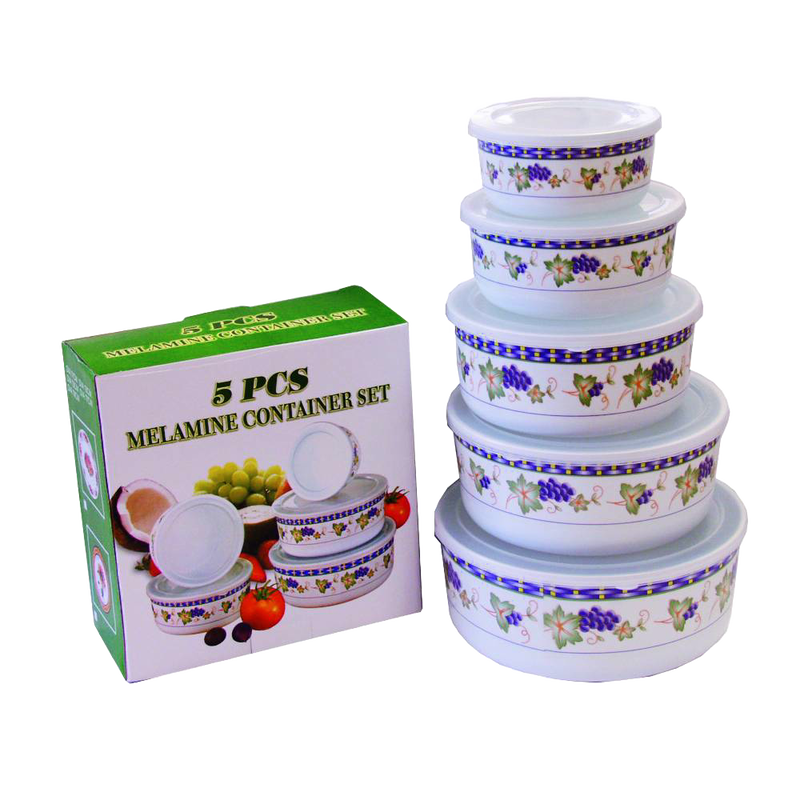 Set of five melamine storage bowls with lids featuring a decorative grape pattern, suitable for Kitchen & Food, Storage and Serving, Best Sellers, and Promo Eligible collections.