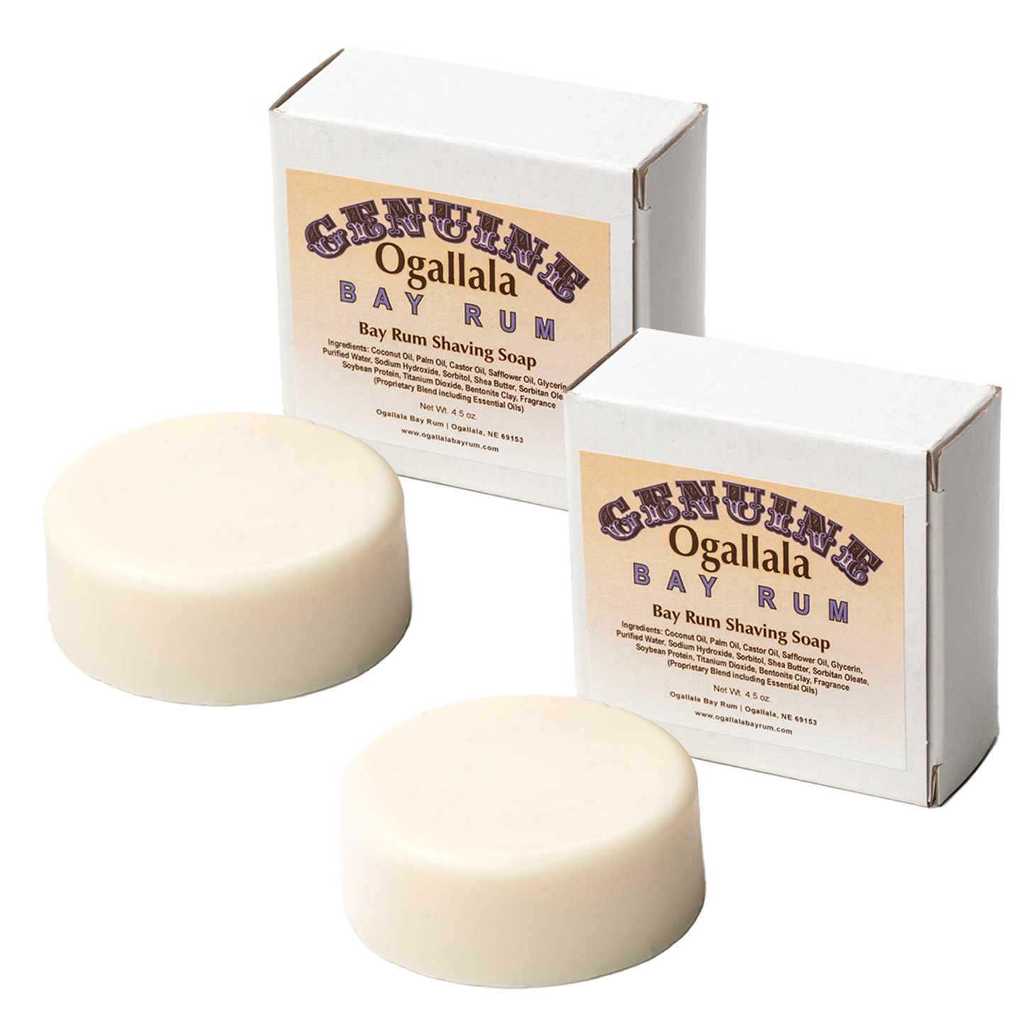 Two handcrafted creamy shaving soap bars with packaging, made in USA with bay rum scent, featured in Health & Wellness, Grooming and Personal Hygiene, Soaps and Soapmaking, Shampoo and Conditioner, USA Made, and Best Sellers collections.