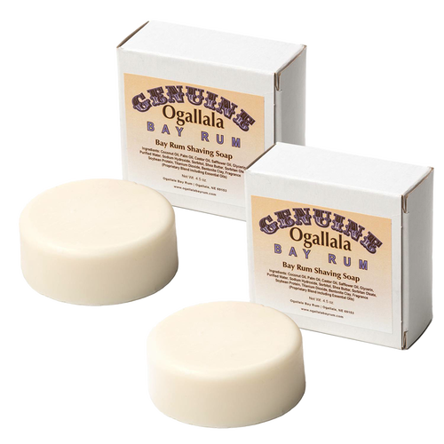 Two handcrafted creamy shaving soap bars with packaging, made in USA with bay rum scent, featured in Health & Wellness, Grooming and Personal Hygiene, Soaps and Soapmaking, Shampoo and Conditioner, USA Made, and Best Sellers collections.
