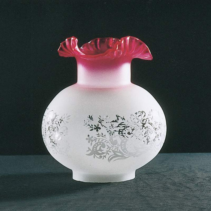 Handcrafted satin etched glass oil lamp shade with a cranberry top and delicate floral patterns, featured in Lamps & Lighting, Parts and Accessories, Lamp Shades, Best Sellers, and Promo Eligible collections.