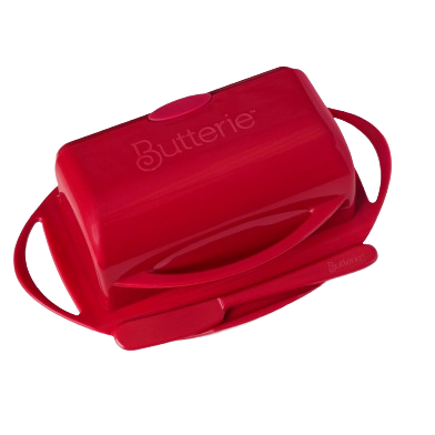 Bright red flip-top butter dish with integrated cradle and matching spreader, designed for mess-free butter storage and spreading, perfect for Kitchen & Food and Kitchen Gadgets collections.