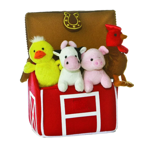 Soft plush duck, cow, pig, and rooster toys sitting inside a bright red fabric barn with a horseshoe detail, designed for indoor play and children's toy collections.