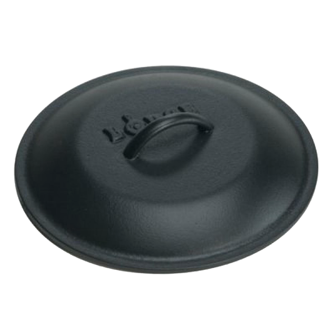 Pre-seasoned cast iron kettle lid with sturdy handle and embossed branding, designed for use with size 5 or 8 cast iron cookware, made in USA and ideal for Kitchen & Food, Cookware, Cast Iron, USA Made, Best Sellers, and Promo Eligible collections.