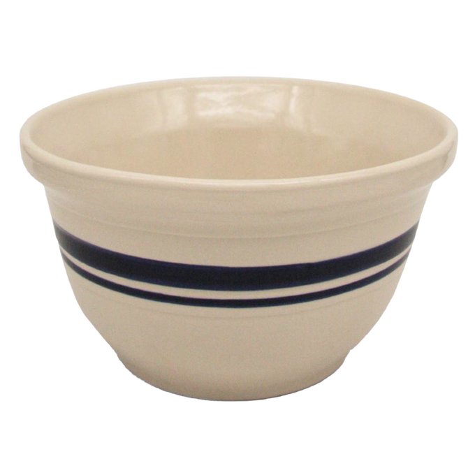 Cream-colored stoneware mixing bowl with blue decorative stripes, handcrafted in the USA, perfect for baking, serving, and vintage farmhouse kitchen decor in cooking collections.