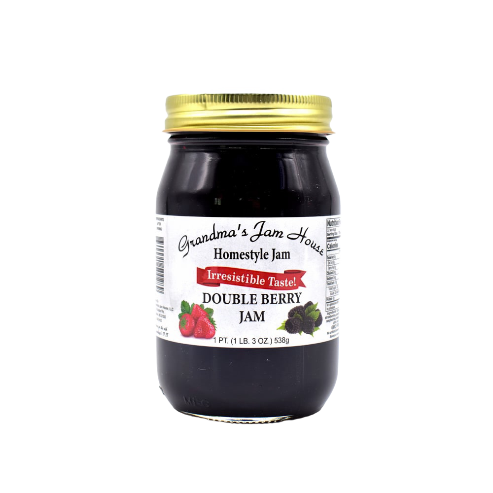 Handcrafted glass jar of double berry homestyle jam with gold lid and white label featuring strawberry and blackberry illustrations, made in USA, featured in Kitchen & Food, Pantry, Peanut Butter & Jellies, Best Sellers, and Promo Eligible collections.