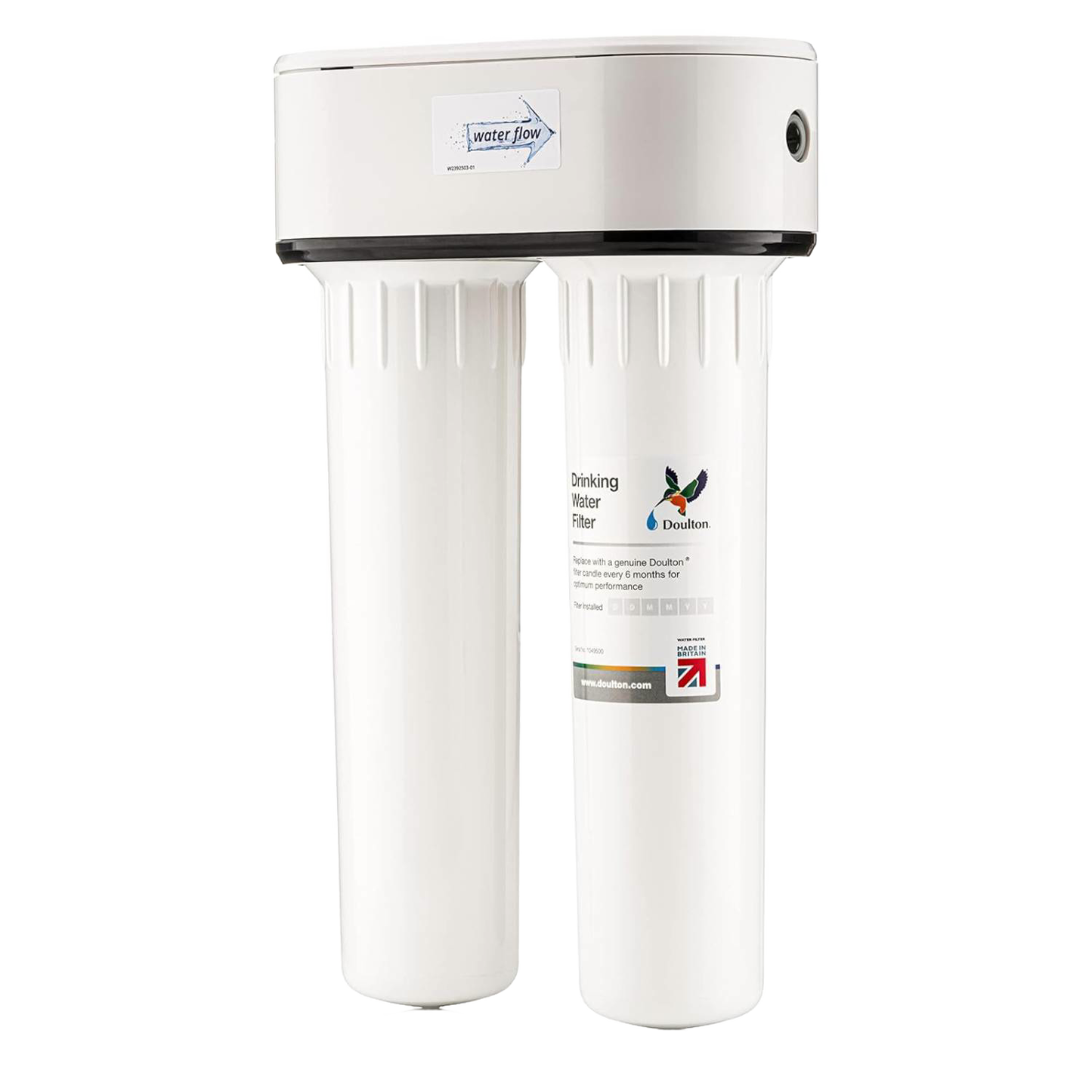 Compact under-sink water filtration system with dual ceramic filter chambers, designed for effective fluoride reduction, handcrafted for Appliances and Water Treatment collections.
