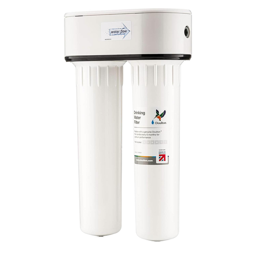 Compact under-sink water filtration system with dual ceramic filter chambers, designed for effective fluoride reduction, handcrafted for Appliances and Water Treatment collections.