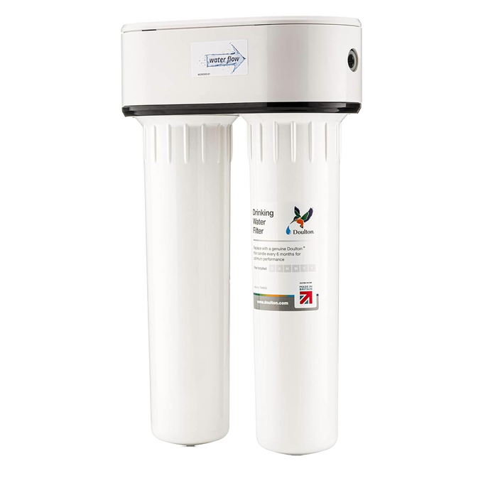 Compact under-sink water filtration system with dual ceramic filter chambers, designed for effective fluoride reduction, handcrafted for Appliances and Water Treatment collections.