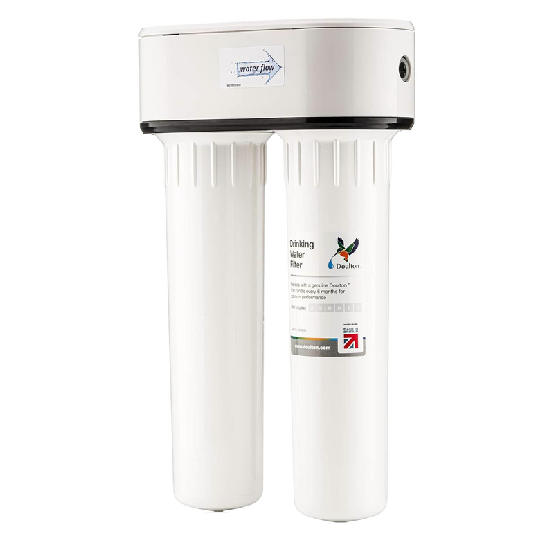 Compact under-sink water filtration system with dual ceramic filter chambers, designed for effective fluoride reduction, handcrafted for Appliances and Water Treatment collections.