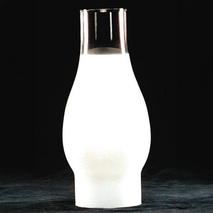 Frosted glass oil lamp chimney with a curved silhouette and clear top, designed as a parts and accessories item for lamps and lighting, featured in best sellers and promo collections.