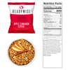 Single-serving packet of apple cinnamon flavored multigrain cereal with a bowl of granola topped with apple slices and cinnamon stick, nutrition facts label shown, ideal for emergency supplies and pantry collections.